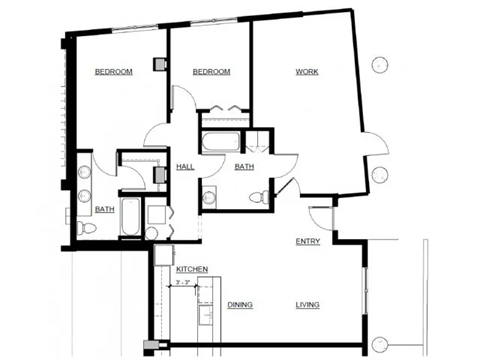 A floor plan of a house with labeled rooms such as bedroom, bath, kitchen, and living room.